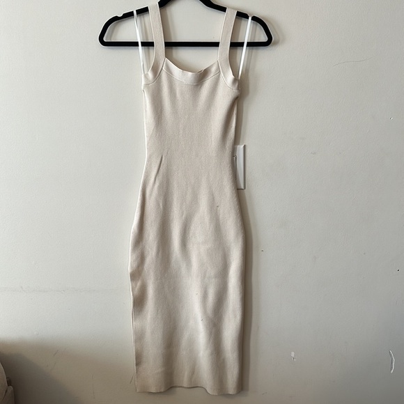 New Babaton Chase Ribbed Stretch Cream Midi Bodycon Knit Dress with Side Slit - Picture 13 of 13